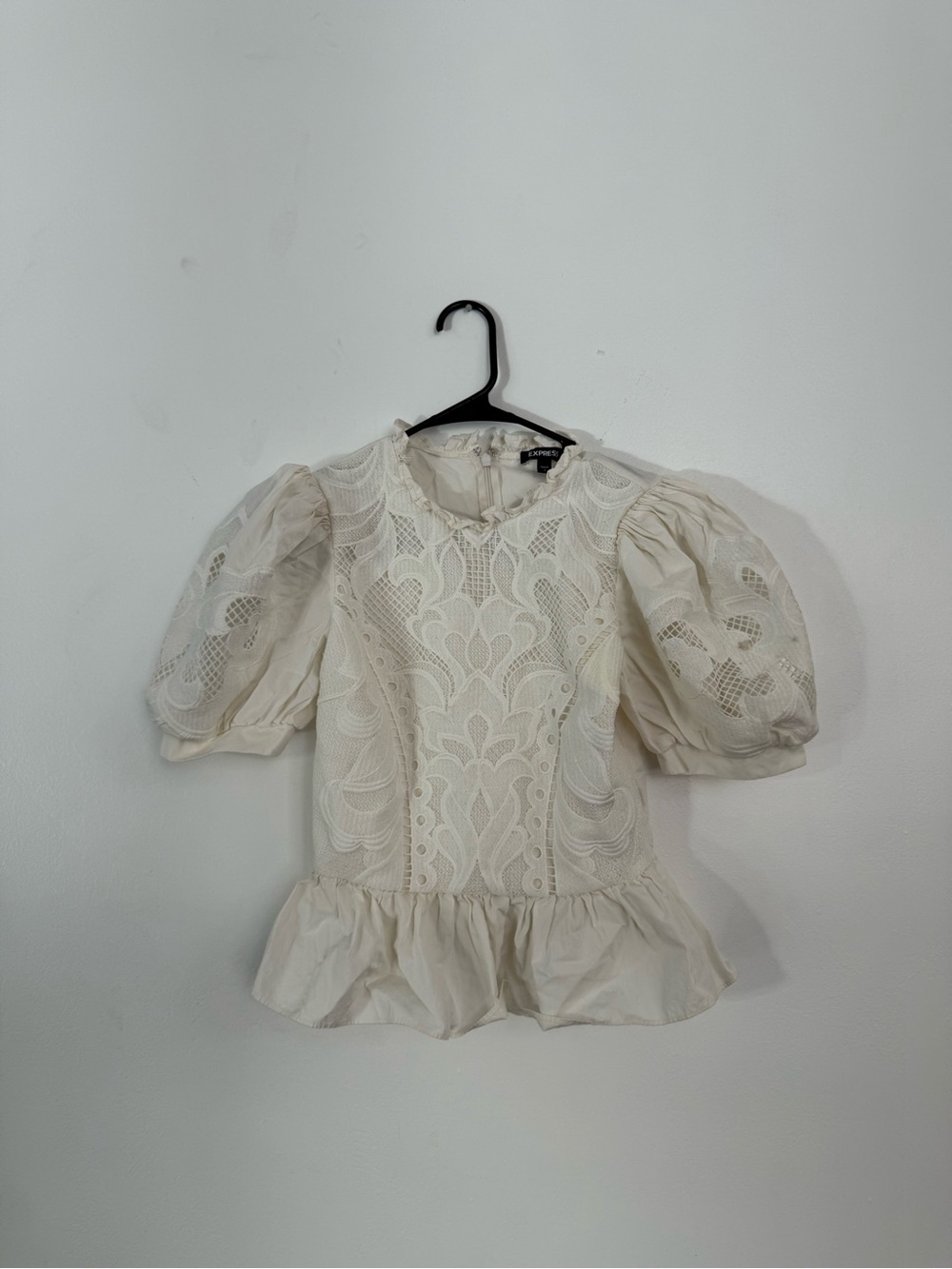 Express Ivory Lace Puff Sleeve Peplum Blouse